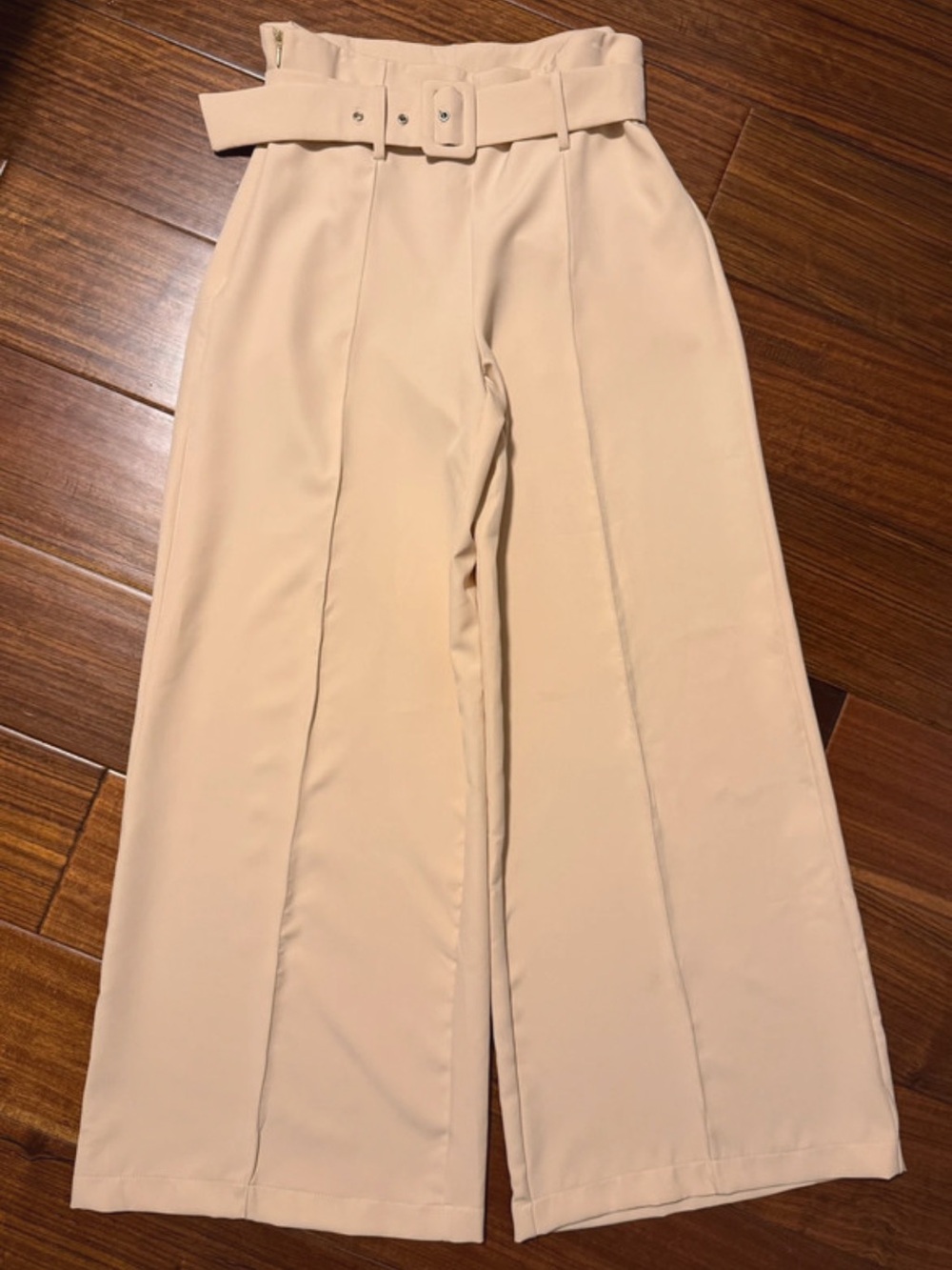 High-Waist Paperbag Belted Wide-Leg Pants - Cream